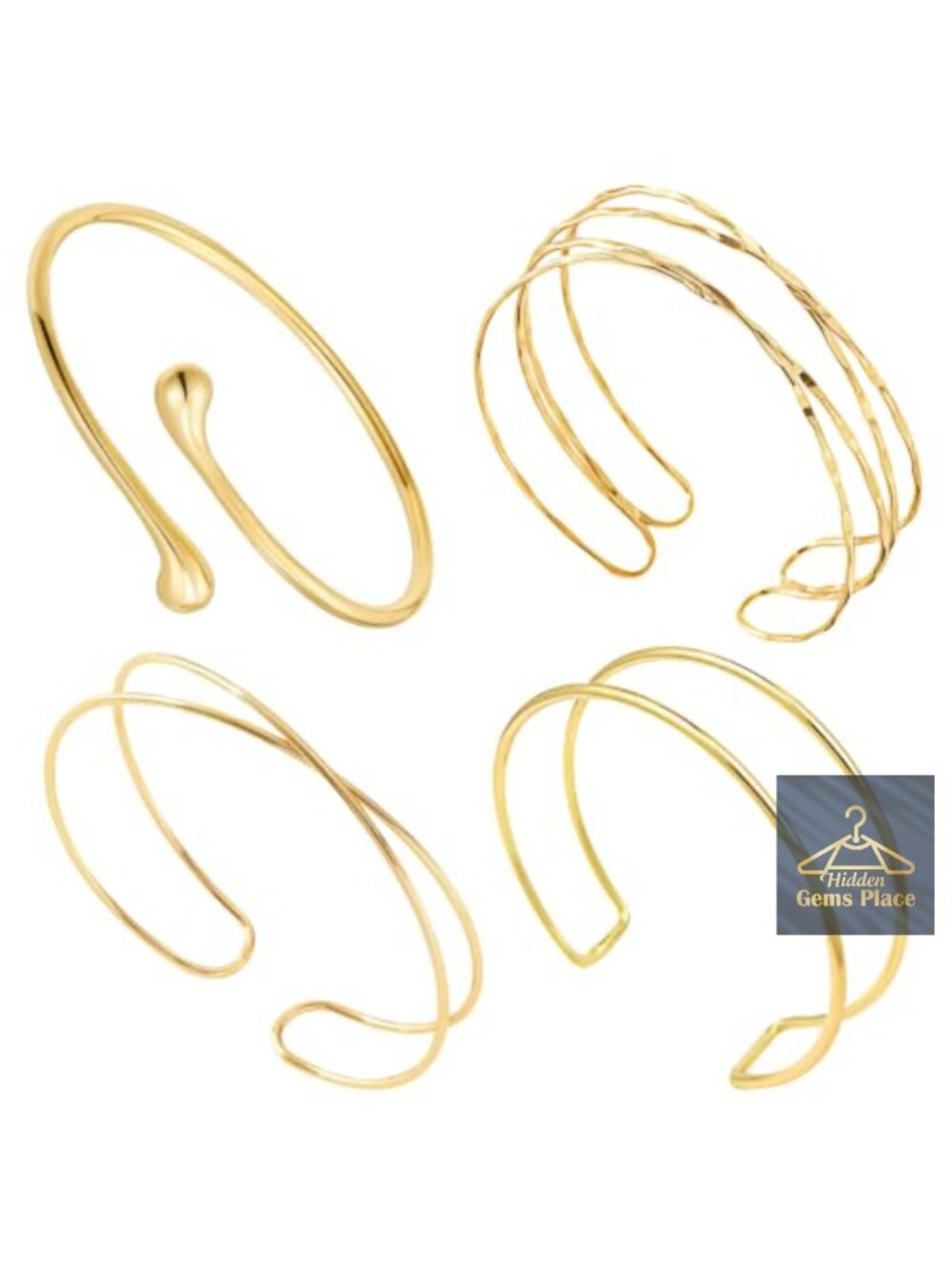 4 Gold Adjustable Arm Cuffs Set, Minimalist Coil Armband Jewelry, Stackable